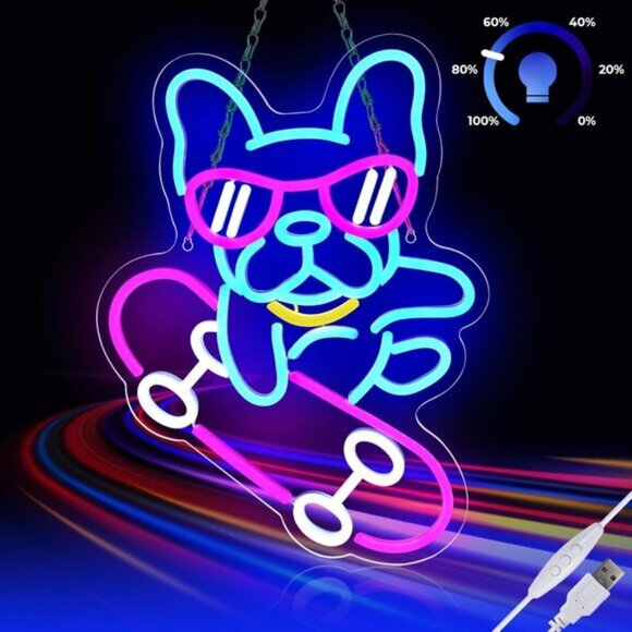 New Dog Neon Sign – Dimmable French Bulldog Skateboard LED Wall Decor Light